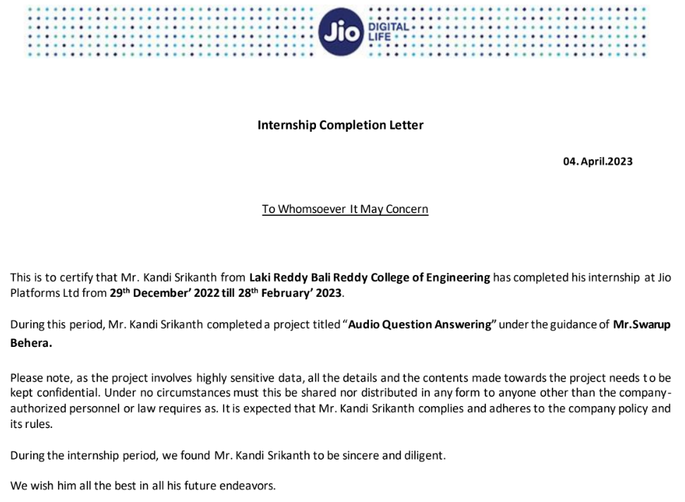 Jio Internship